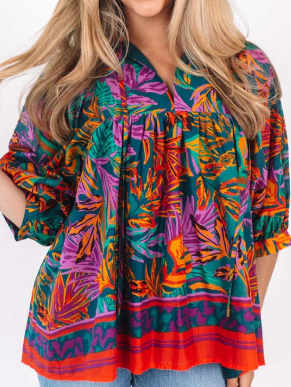 FLOWY BOHEMIAN 🔥 VACATION J. MARIE ASHER PUFF SLEEVE TROPICAL FLORAL TUNIC